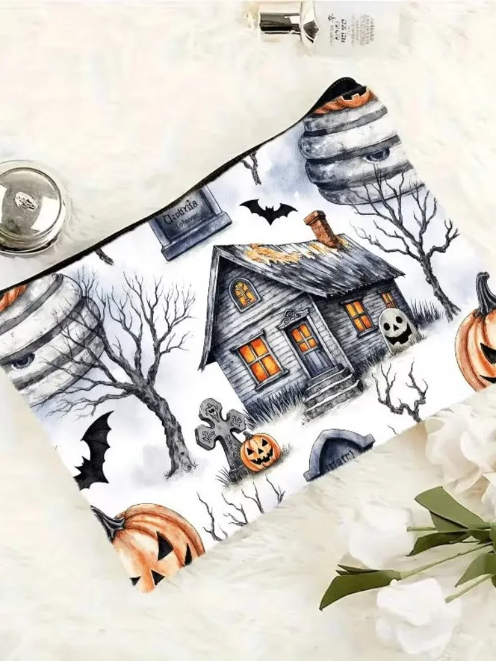 Halloween Goth Haunted House & Tombstones Make Up Bag Double-Sided 6.3h